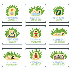 Set of people character stay home, relax house concept stay home isolated on white, flat vector illustration. Person male female resting.