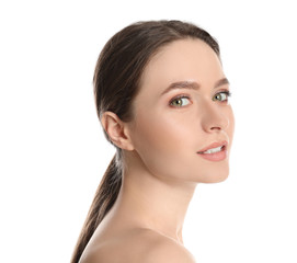 Portrait of young woman with beautiful face on white background