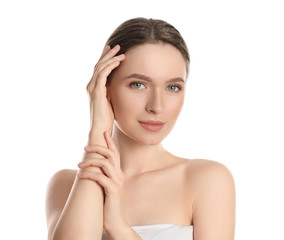 Portrait of young woman with beautiful face on white background