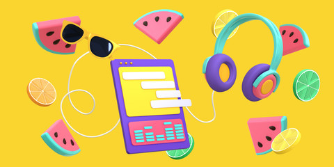 Abstract summer background with cartoon tablet, headphones, sunglasses, fruits, watermelon, citrus fly, levitate. Bright, juicy concept, banner website. 3D rendering.
