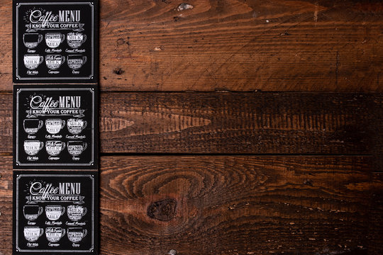 Fototapeta coffee, cafe, wood, menu, types of coffees