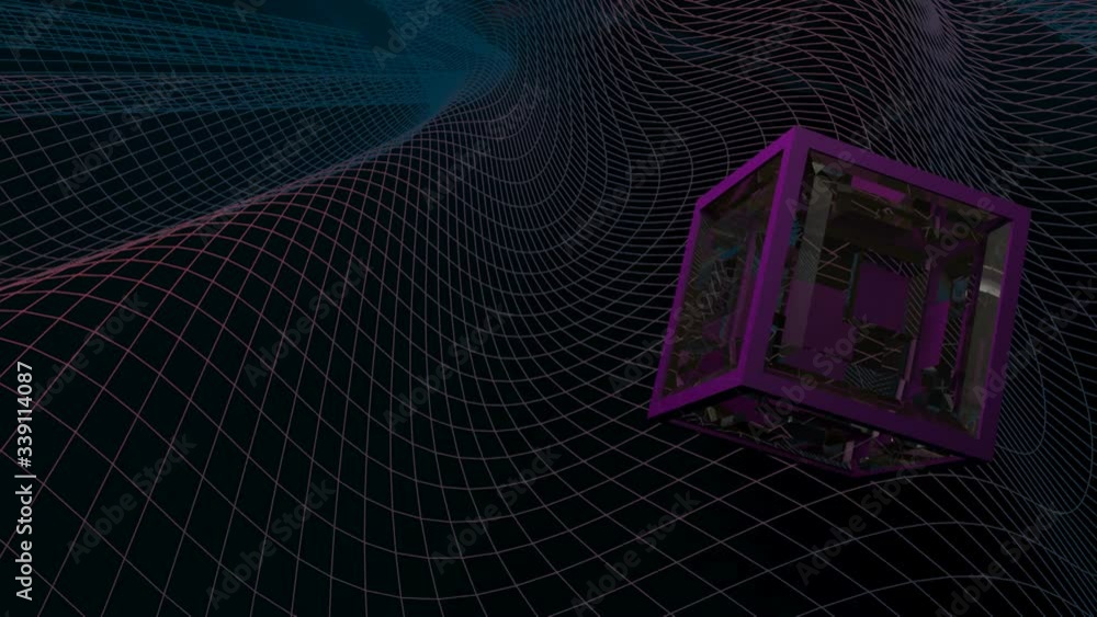 Aufkleber a purple cubic structure rotates over a waving blue grid on black background - 3d rendering video cl
