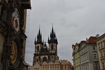 Fototapeta premium Prague, Czech Republic - 27 December 2019: The Church of Saint Mary of Tyn in the Old Town Square near the Astronomical Clock