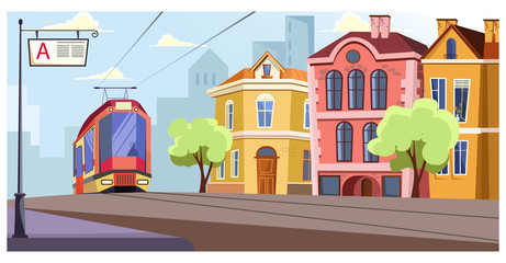 Modern tram running on rails in city illustration. Tram station against colorful building. City life illustration