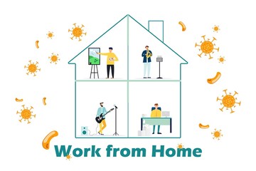 Self isolation concept. People working from home during Covid-19. All stay at home. Self-isolate from a pandemic. Remote work from home during Quarantine. Vector flat illustration