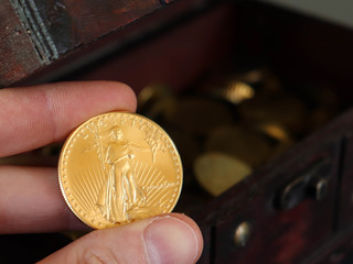 Closeup of the famous 1oz 50 Dollars Gold American Eagle bullion collection coin. Year 1987