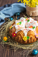 Easter cake. Kulich cake on a rustic background. Cake for celebration. Easter concept