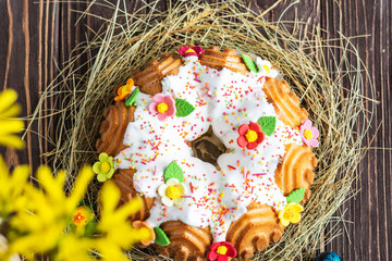 Easter cake. Kulich cake on a rustic background. Cake for celebration. Easter concept
