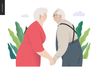 Medical insurance -senior citizen health plan -modern flat vector concept digital illustration of a happy elderly couple, standing embraced together holding their hands. Medical insurance plan.