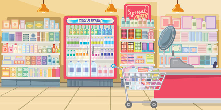 Supermarket with food shelves illustration. Modern shop in pink color with full shopping cart at cashier. Interior illustration