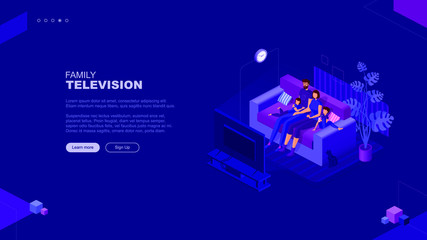 Trendy flat illustration. Family television page concept. Family watches TV. Cable TV. Family leisure. Template for your design works. Vector graphics.