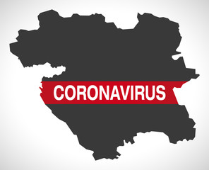 Obraz premium Kurdistan IRAN province map with Coronavirus warning illustration