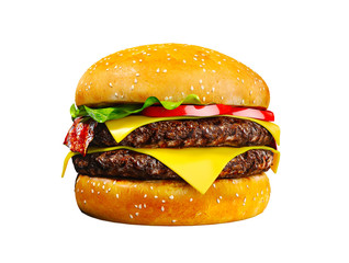 Big tasty hamburger isolated on a white background, 3D illustration. 