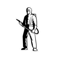 Naklejka premium Illustration of an industrial worker, healthcare, essential or pest exterminator wearing a respiratory protective equipment, fumigating spraying disinfectant standing in black and white retro style.