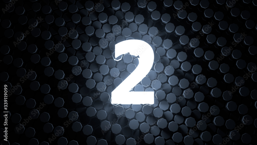 Fototapete stylish white number two on black futuristic hexagonal background / numbering / separating film / co