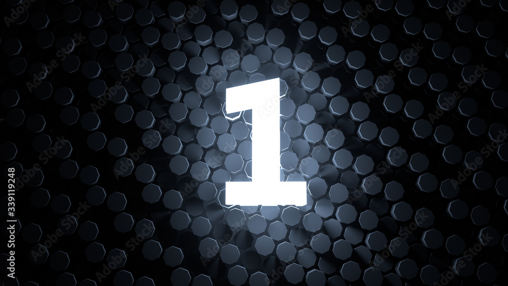 Fototapete stylish white number one on black futuristic hexagonal background / numbering / separating film / co