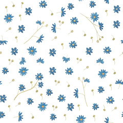 Mille fleures seamless pattern on white background. Watercolor hand drawing illustration of little blue flowers. Summer design. Perfect for textile, fabric, print, scrapbooking.