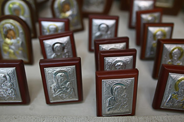 Kalambaka, Greece - September 17, 2019: Orthodox icons in a church shop, church faith concept