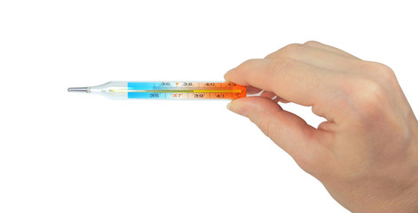 Female hand with thermometer displaying fever isolated on white background. Symptom of viral infections or inflammatory process.
