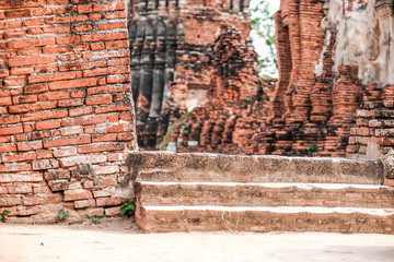 Ruins of the temple walls in the Ayutthaya period, Phra Nakhon Si Ayutthaya ,Thailand.