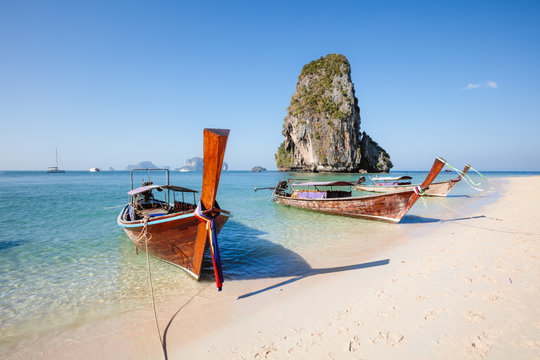 Wooden long tail boat near the beach, Railay, Thailand