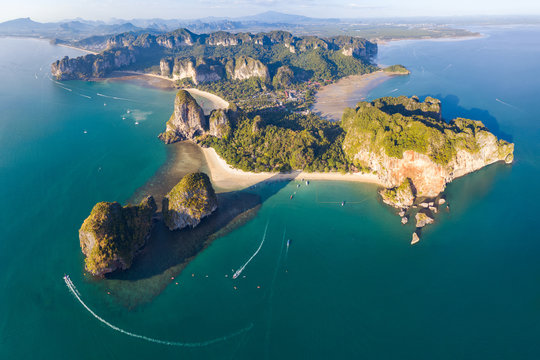 Aerial view of Railay peninsula at sunset, Krabi province, Thailand