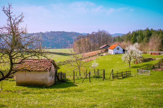 Mountain vllage in spring. Small farm near town of Valjevo, Serbia.