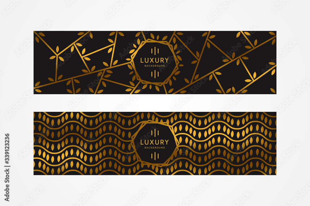 Poster vector horizontal botanical banners with polygonal line art gold leaf pattern and place for text on 