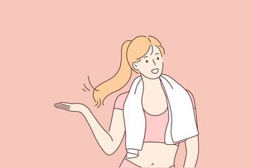 Sport, fitness, crossfit, healthcare concept. Young happy smiling woman girl in sport suit with towel in good shape after fitness activity or crossfit workout session. Healthy lifestyle illustration.