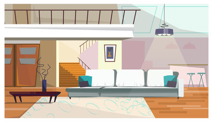 Comfortable living room with furniture illustration. Modern sofa, coffee table with vase, hanging chandelier and stairs in room. Interior illustration