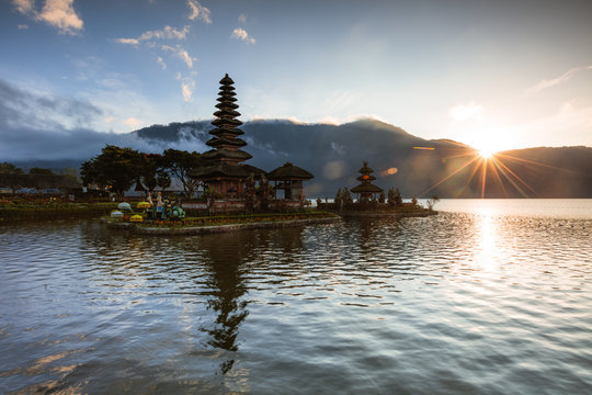 Temple on the lake at sunrise, Bali, Indonesia