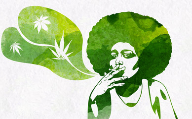 Woman's silhouette with afro hairstyle smoking joint with marijhuana leaf. Vector image