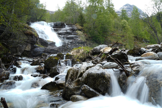 Long exposure picture of waterfall in Norway mountains.