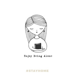 Covid-19 quarantine. A girl with a book at home. Vector illustration.