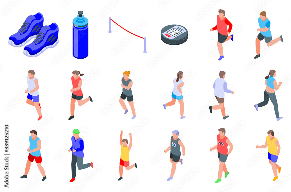 Poster running icons set. isometric set of running vector icons for web design isolated on white background