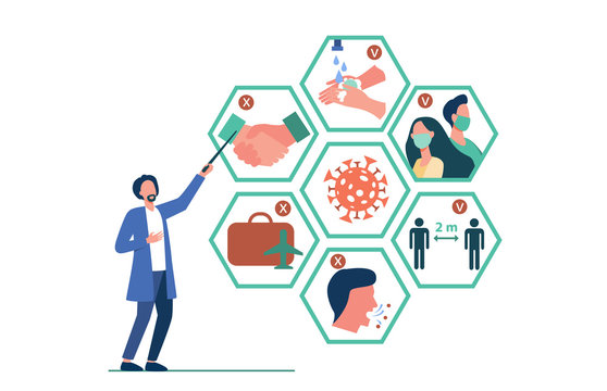 Doctor Presenting Tips For Protection From Coronavirus And Epidemic Spread Prevention. Vector Illustration For Covid 19, Symptoms, Protection, Safety, Infection Concept