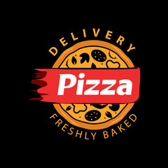 Fototapeta na wymiar Pizzeria Vector Emblem on blackboard. Pizza logo template. Vector emblem for cafe, restaurant or food delivery service.