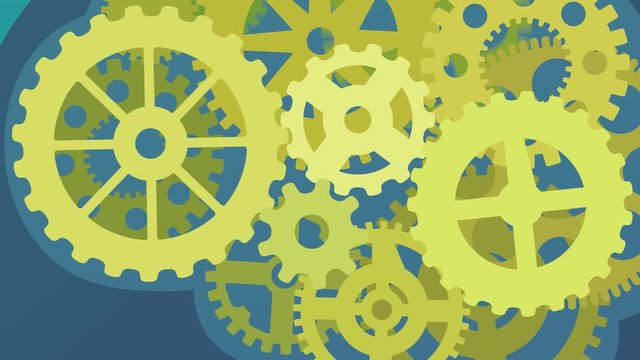 Zoom-arri&egrave;re sur les rouages et engrenages du cerveau d'une silhouette (flat design, fond bleu, fond blanc et couche alpha,masque)