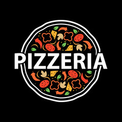 Pizzeria Vector Emblem on blackboard. Pizza logo template. Vector emblem for cafe, restaurant or food delivery service.