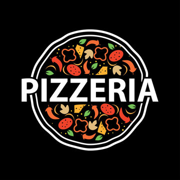 Pizzeria Vector Emblem on blackboard. Pizza logo template. Vector emblem for cafe, restaurant or food delivery service.