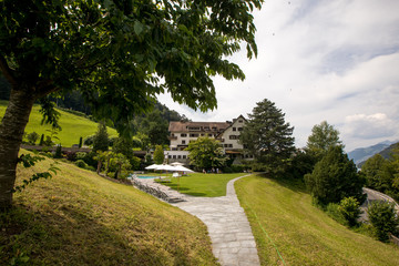 Beautiful view of garden and hotel in mountains