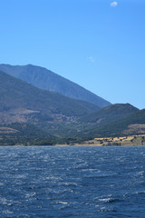 Samothraki island view from ferry - seascape with Saos mountain and coastline