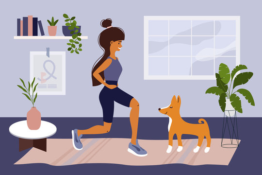 Stay Home, Keep Fit And Positive. Cute Girl Doing Squats, Exercise, Playing With Dog Basenji. Fitness Workout, Sport At Home. Healthy Lifestyle. Coronavirus Quarantine Isolation. Vector Illustration.