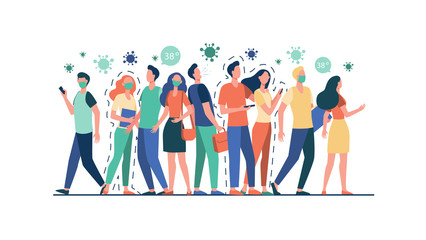 Infection spreading in crowd. People with and without masks standing together, coughing, suffering from fever. Vector illustration for coronavirus, quarantine, danger, alert, outbreak concept