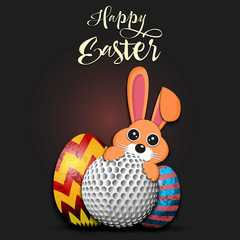 Happy Easter. Easter eggs, rabbit and golf ball