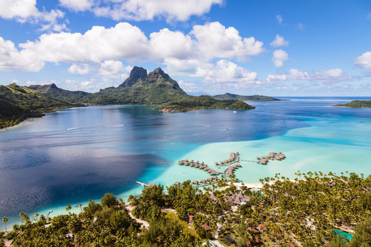 Aerial view of Bora Bora island with luxury resort, French Polynesia