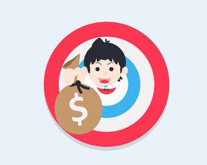 SD Business Man Standing on the target and raising the bag of money