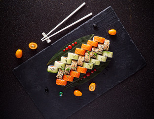 sushi set on the black background