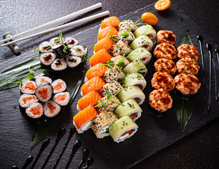 sushi set on the black background