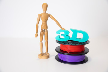 3D printing filament reels with wooden anthropomorphic doll with text 